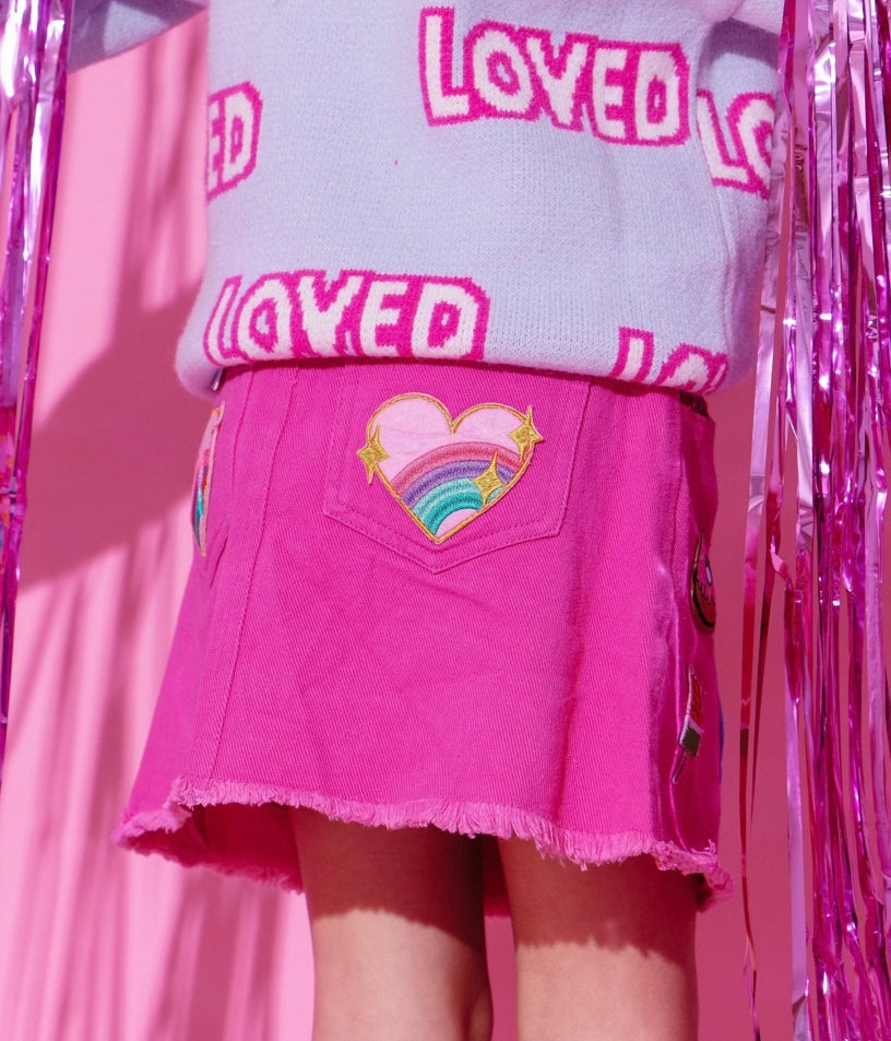 ALL ABOUT PATCH HOT PINK DENIM SKIRT