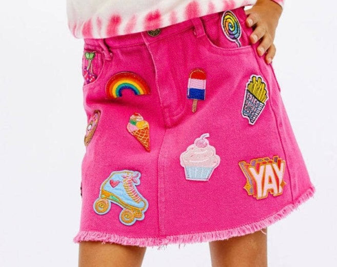 ALL ABOUT PATCH HOT PINK DENIM SKIRT