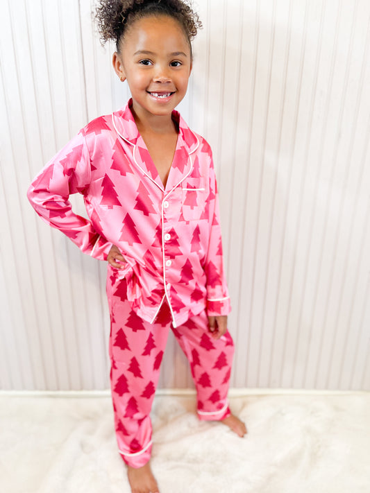 GIRLS PINK TREE SATIN PAJAMA SET