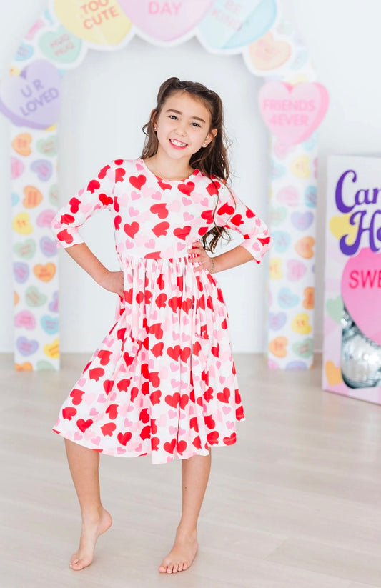 BE MINE HEART 3/4 SLEEVE POCKET TWIRL DRESS